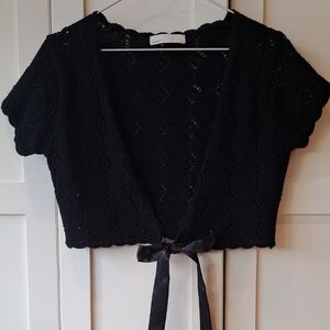 OXMO Super Cute Black Knit Tie-Front Short Sleeve Cardigan